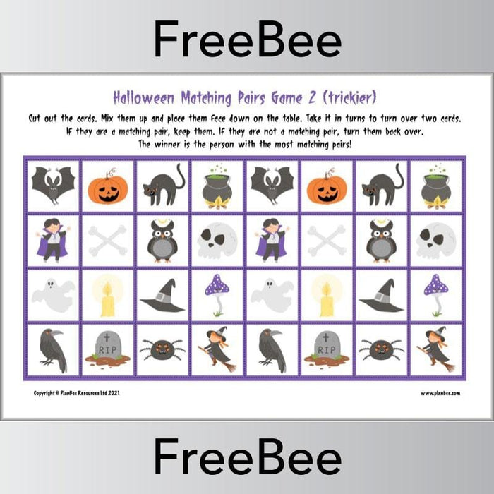FREE Halloween Matching Pairs Game by PlanBee