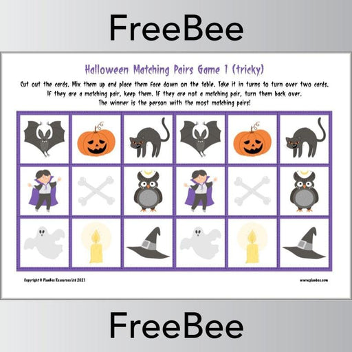 FREE Halloween Matching Pairs Game by PlanBee