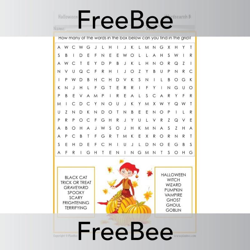 PlanBee FREE Halloween Word Search created by PlanBee