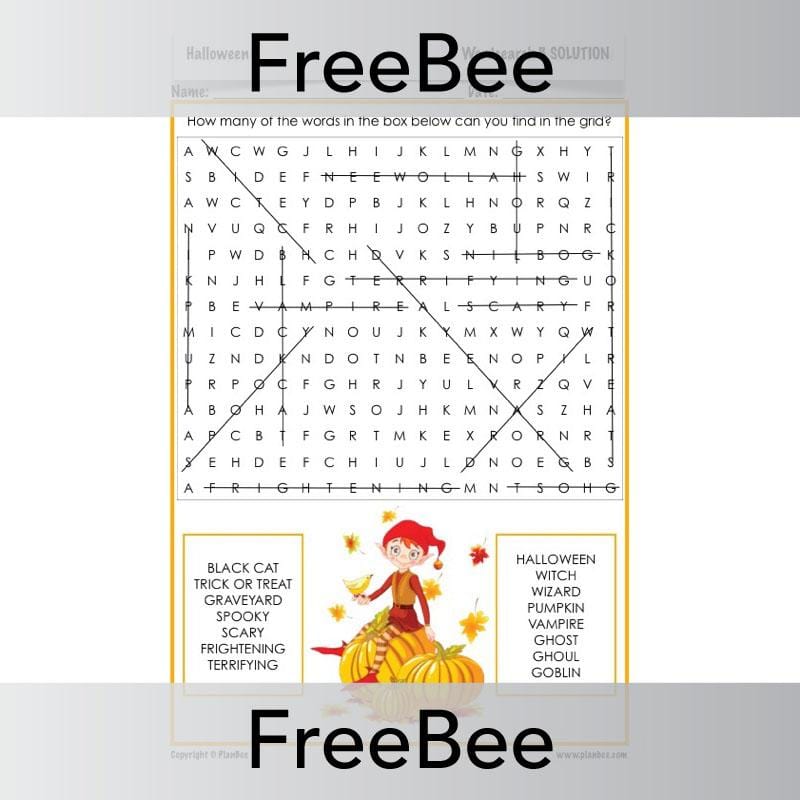 PlanBee FREE Halloween Word Search created by PlanBee