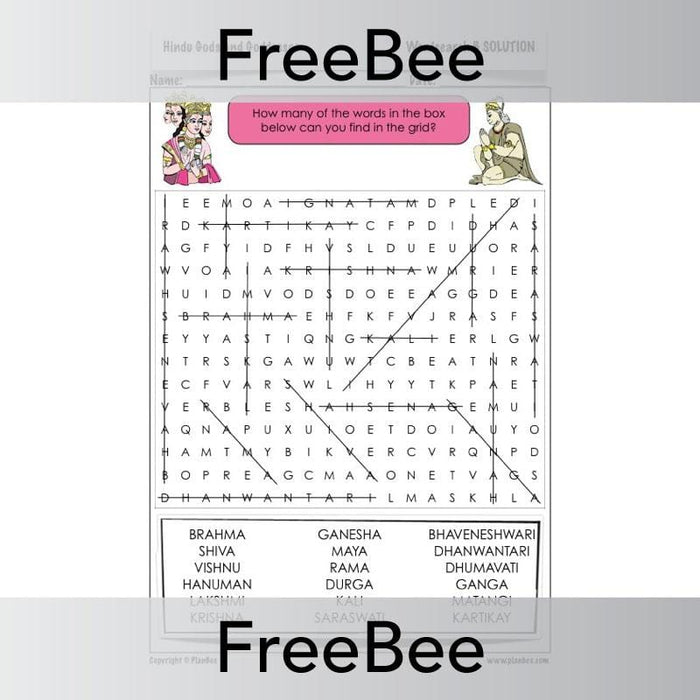 Free Hindu Gods and Goddesses Word Search by PlanBee