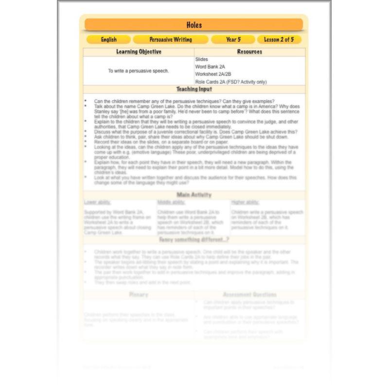 Persuasive Writing KS2 | Holes Planning Year 5 | PlanBee