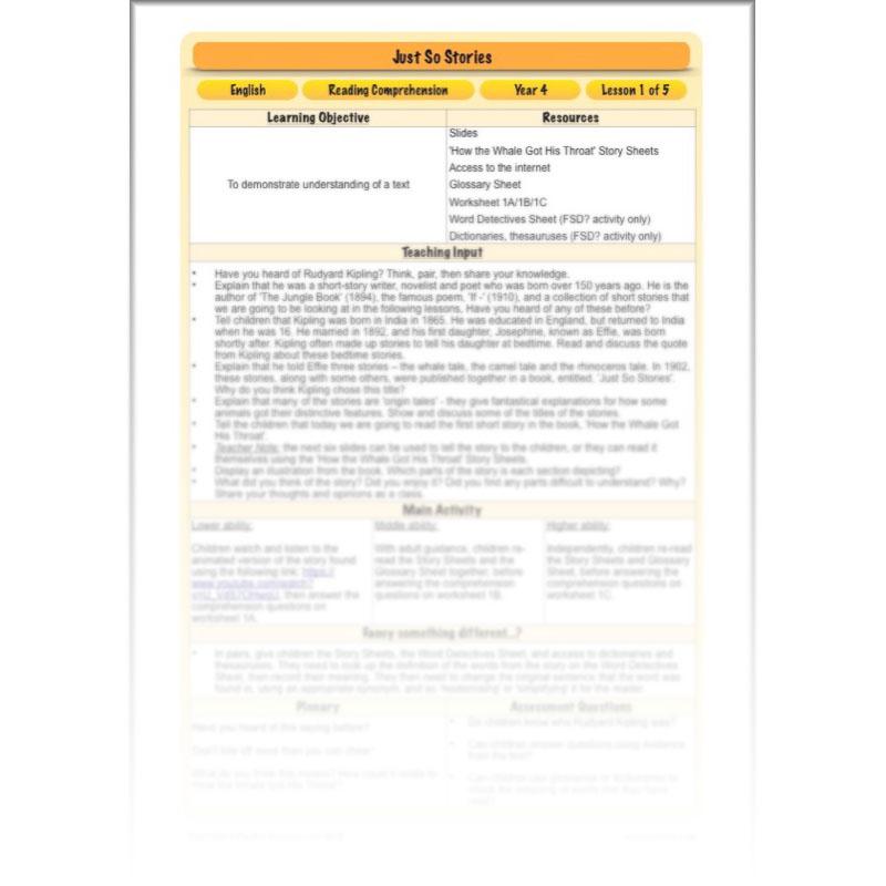 PlanBee Just So Stories KS2 | Reading Comprehension Year 4