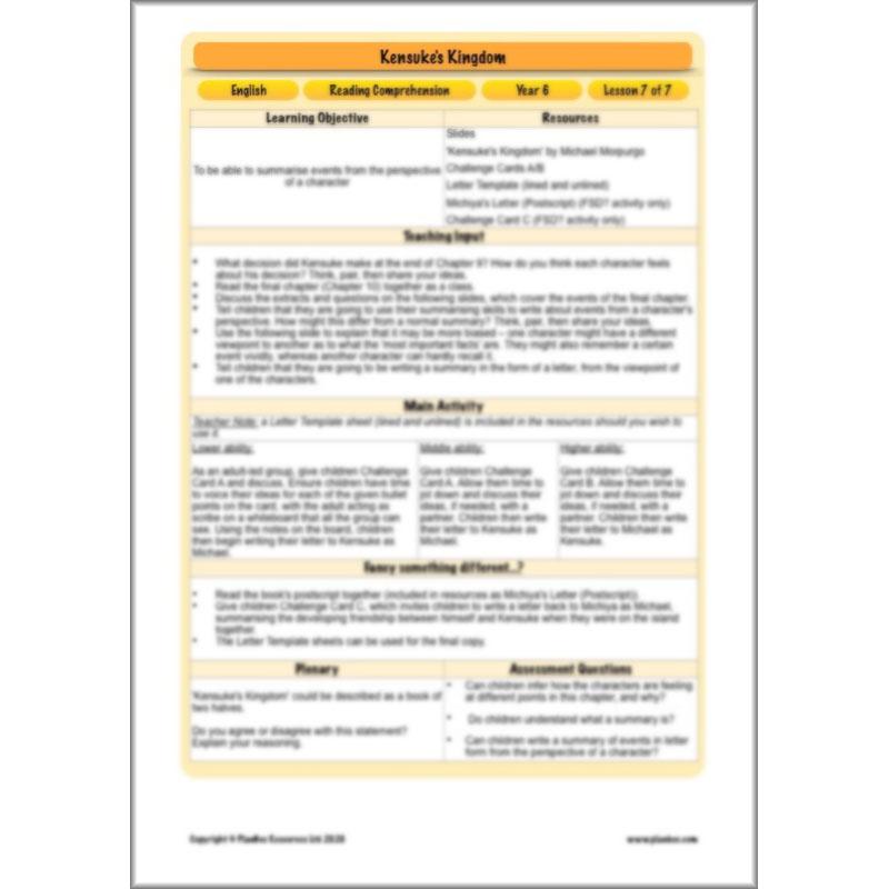 PlanBee Kensuke's Kingdom Planning | Year 6 Reading Comprehension