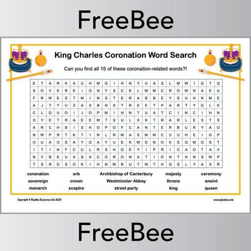 PlanBee FREE King Charles Coronation Word Search by PlanBee