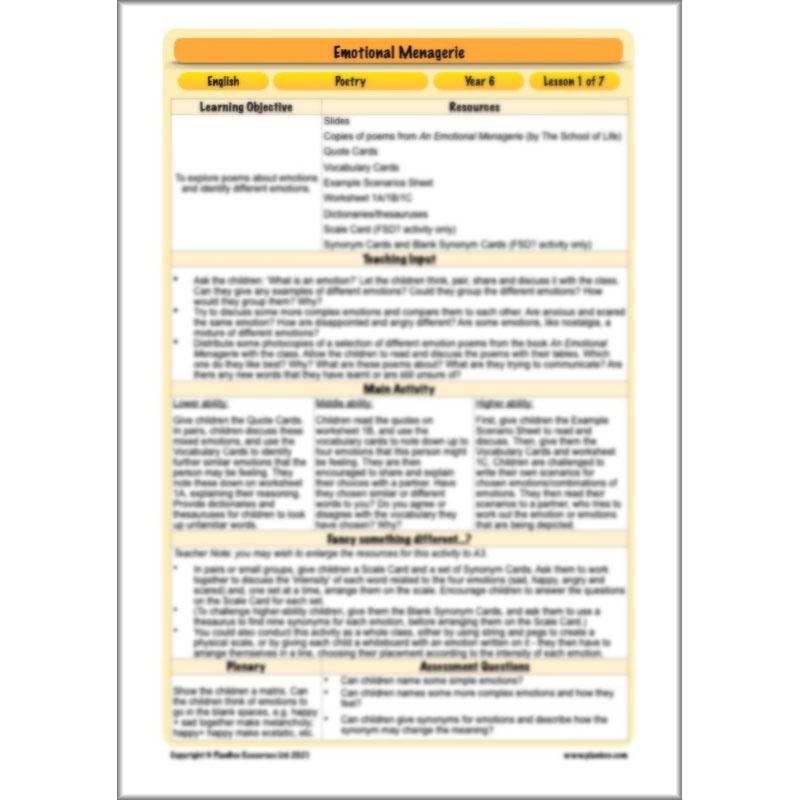 Year 6 Poetry Lessons | An Emotional Menagerie by PlanBee