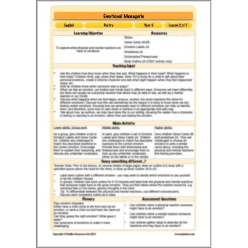 Year 6 Poetry Lessons | An Emotional Menagerie by PlanBee