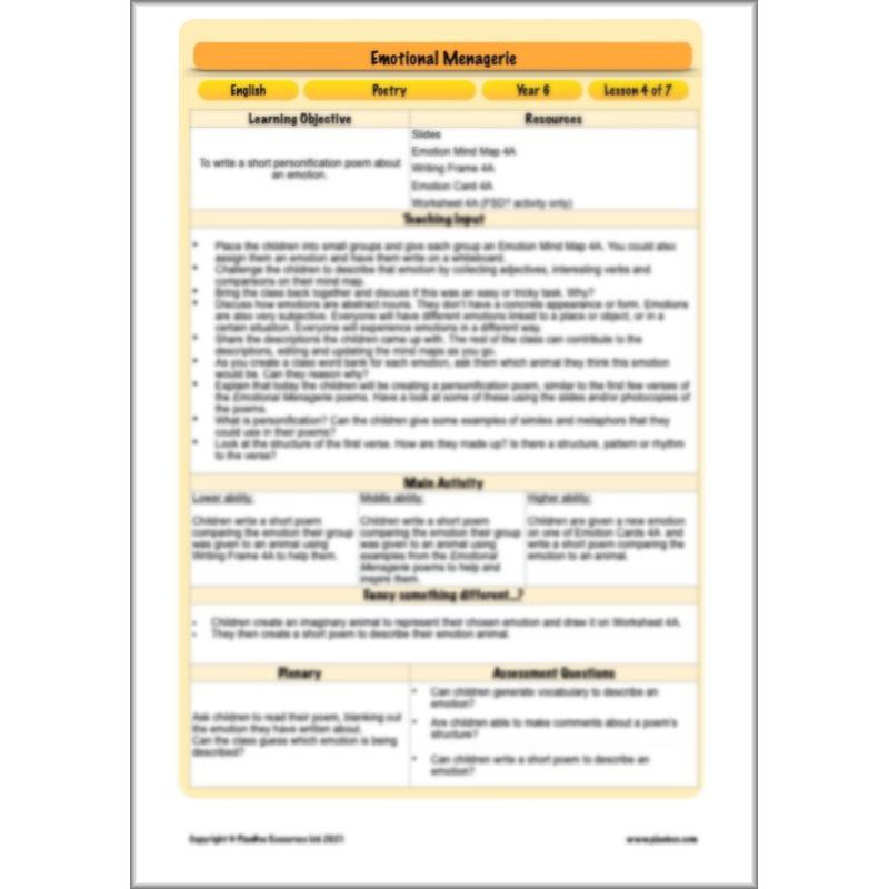 Year 6 Poetry Lessons | An Emotional Menagerie by PlanBee