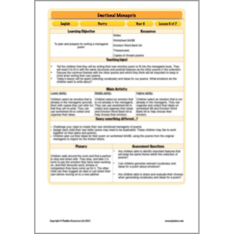 Year 6 Poetry Lessons | An Emotional Menagerie by PlanBee