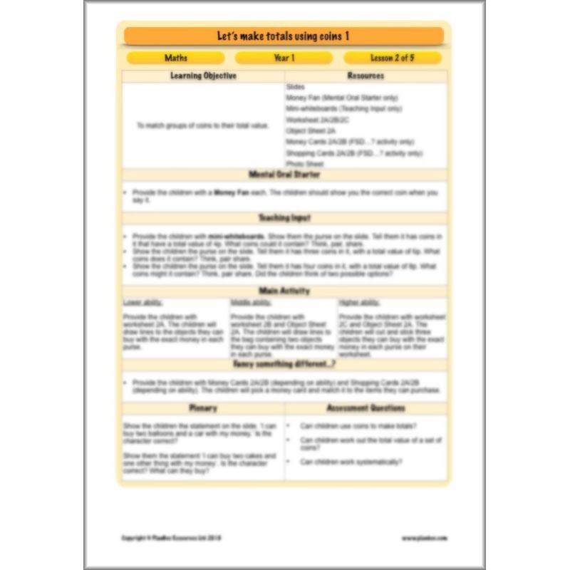 PlanBee Let’s make totals using coins 1 -  Year 1 Key Stage 1 Maths plans