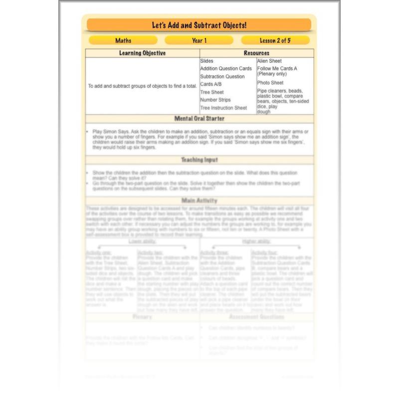 PlanBee Let’s add and subtract objects - KS1 maths number plans