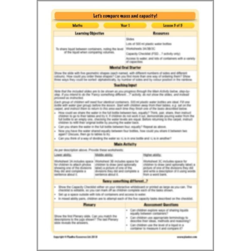 PlanBee Let’s compare mass and capacity - Year 1 Maths planning pack