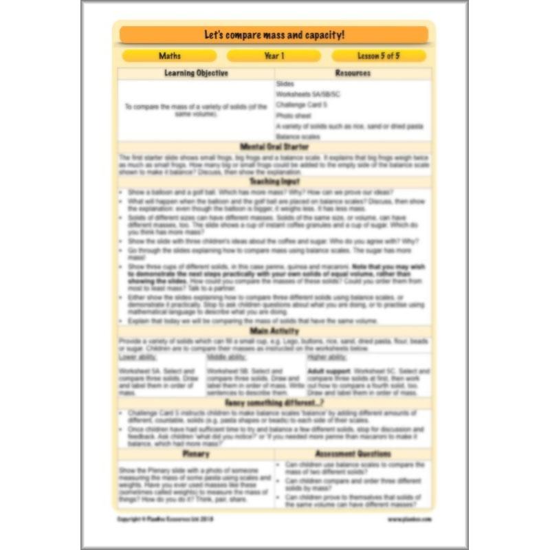 PlanBee Let’s compare mass and capacity - Year 1 Maths planning pack