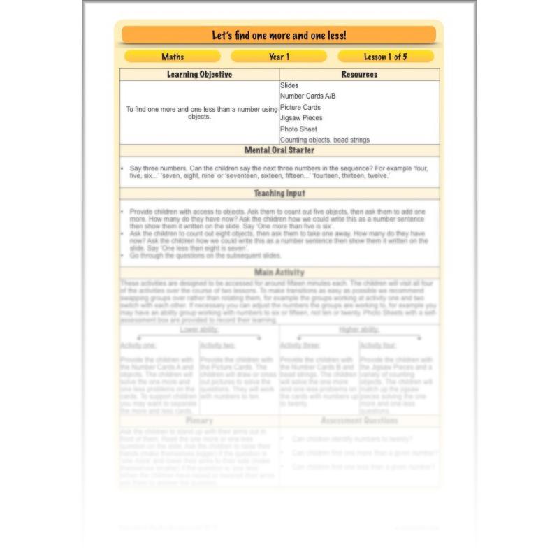 PlanBee Let’s find one more and one less - KS1 Maths planning and resources