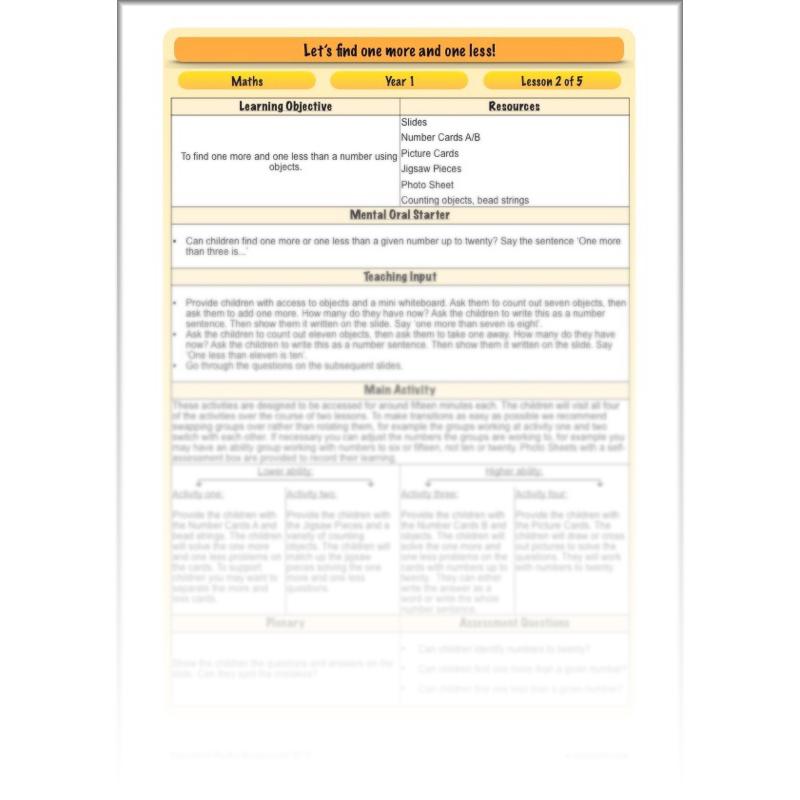 PlanBee Let’s find one more and one less - KS1 Maths planning and resources