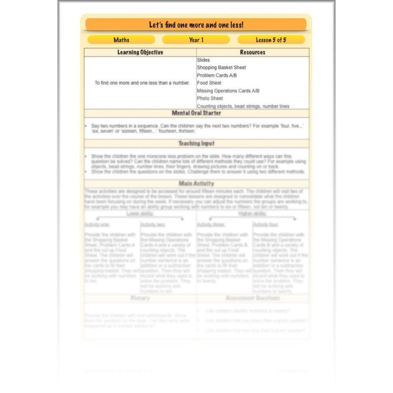 PlanBee Let’s find one more and one less - KS1 Maths planning and resources