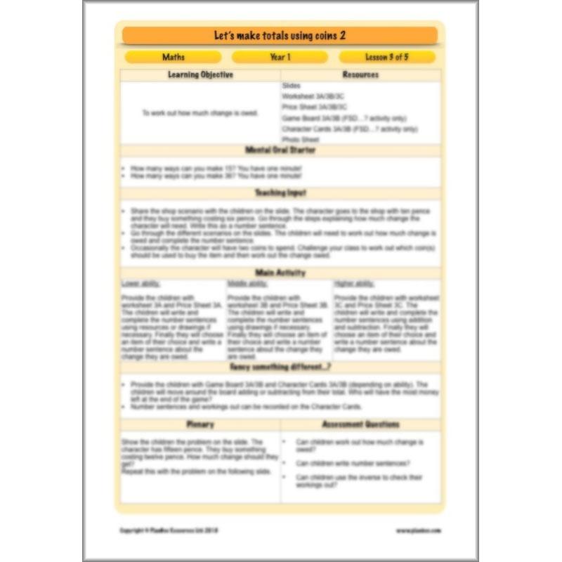 PlanBee Let’s make totals using coins 2 -  Year 1 Key Stage 1 Maths planning