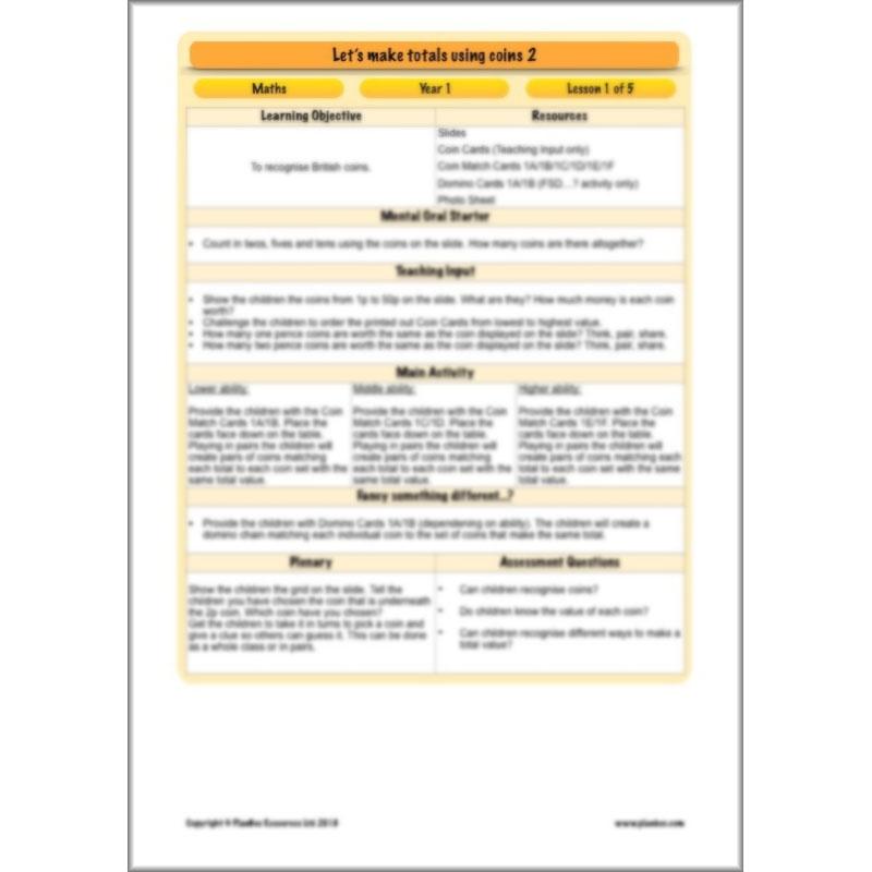 PlanBee Let’s make totals using coins 2 -  Year 1 Key Stage 1 Maths planning