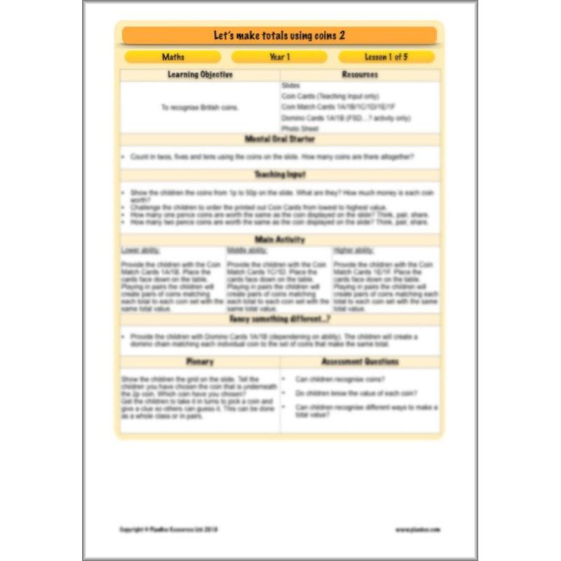 PlanBee Let’s make totals using coins 2 -  Year 1 Key Stage 1 Maths planning