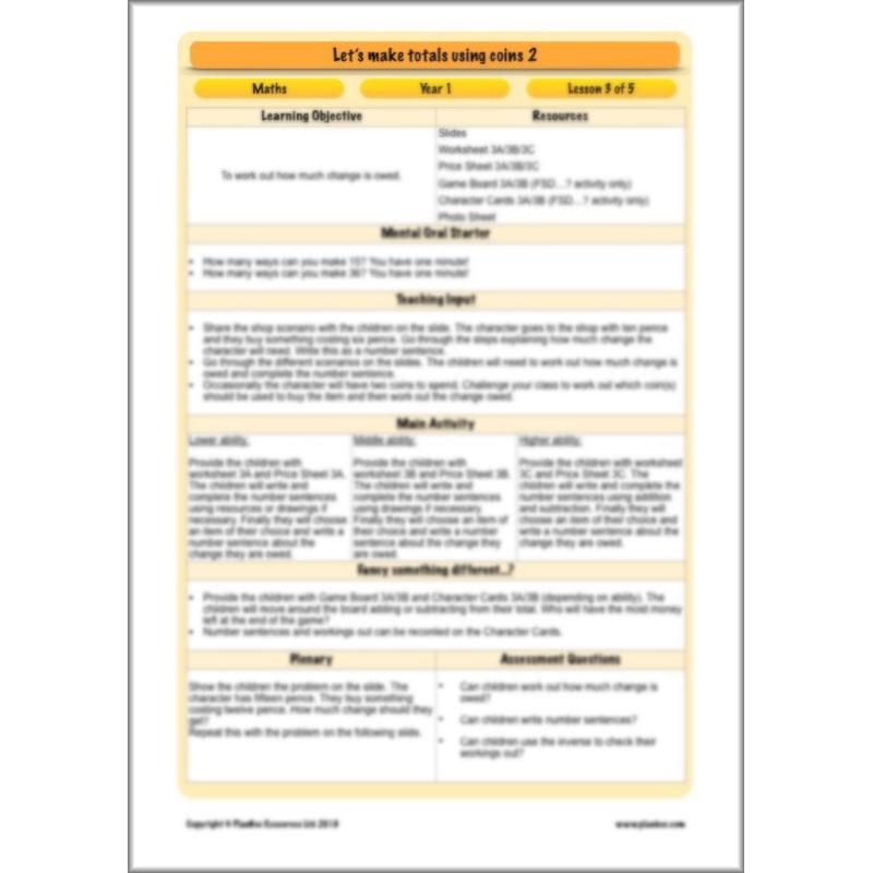 PlanBee Let’s make totals using coins 2 -  Year 1 Key Stage 1 Maths planning