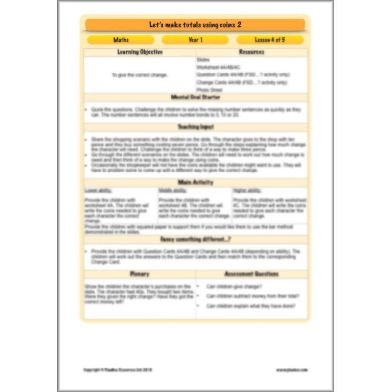 PlanBee Let’s make totals using coins 2 -  Year 1 Key Stage 1 Maths planning
