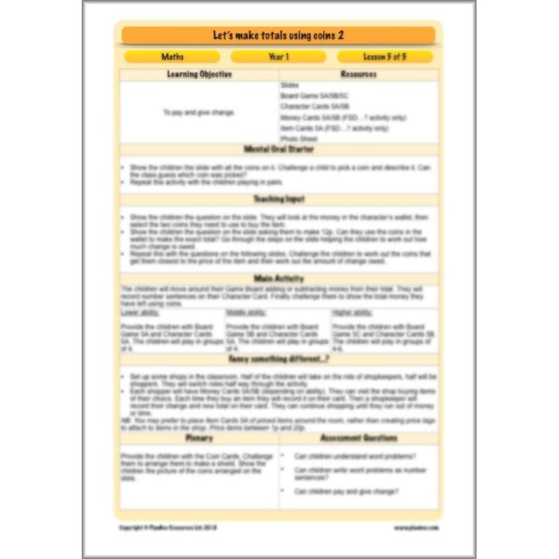 PlanBee Let’s make totals using coins 2 -  Year 1 Key Stage 1 Maths planning