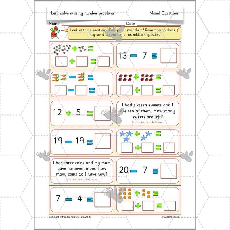 PlanBee Let’s solve missing number problems - Year 1 KS1 Maths plans