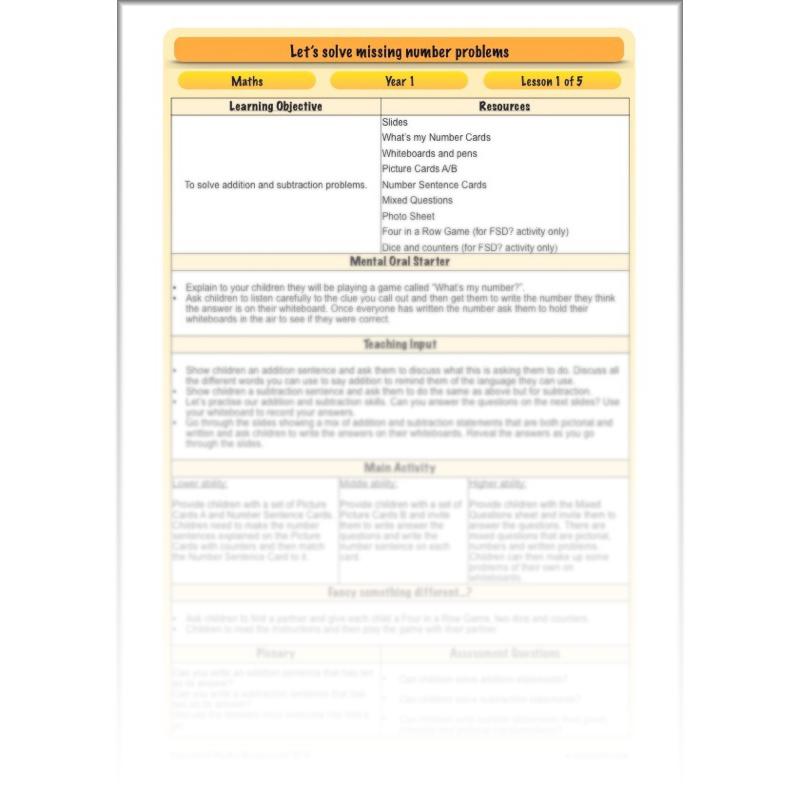 PlanBee Let’s solve missing number problems - Year 1 KS1 Maths plans