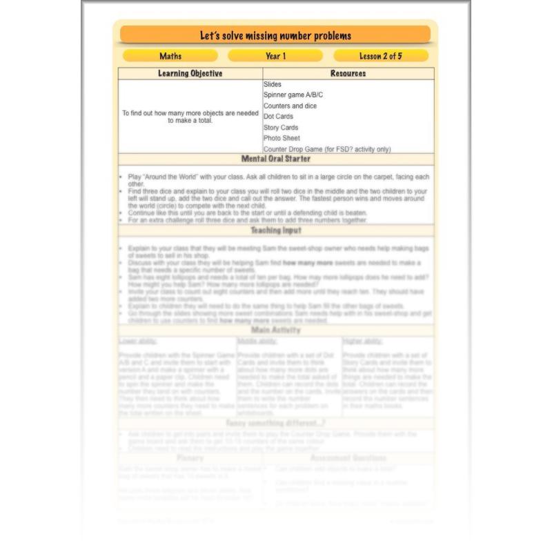 PlanBee Let’s solve missing number problems - Year 1 KS1 Maths plans