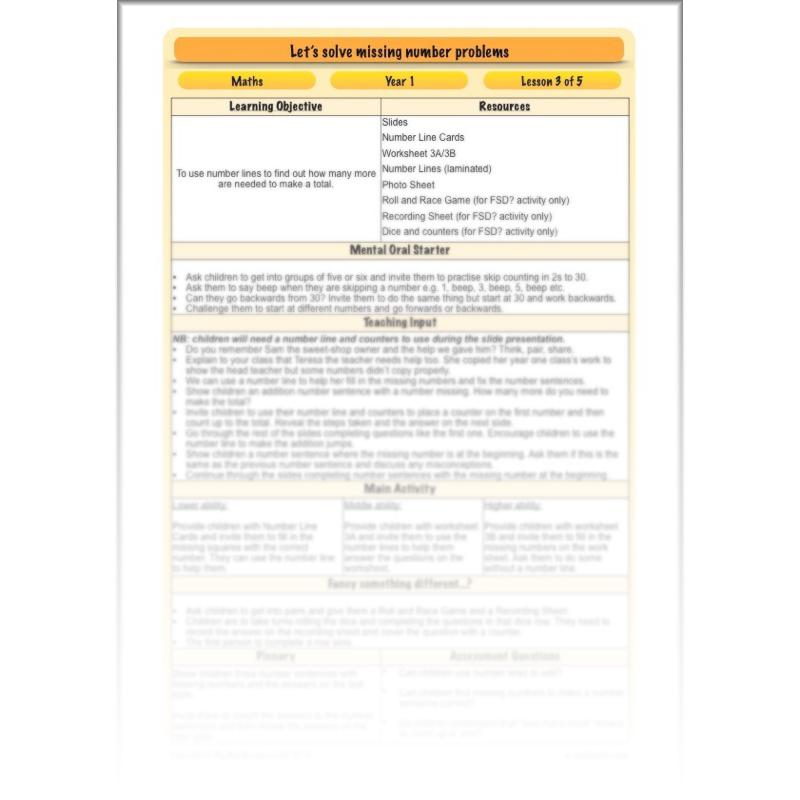 PlanBee Let’s solve missing number problems - Year 1 KS1 Maths plans