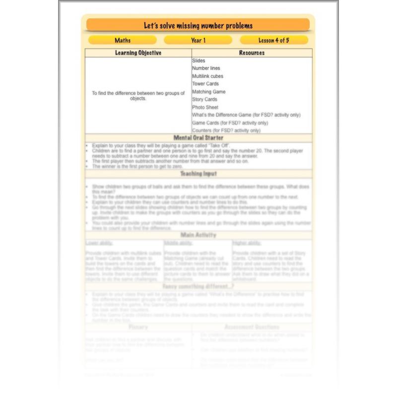 PlanBee Let’s solve missing number problems - Year 1 KS1 Maths plans