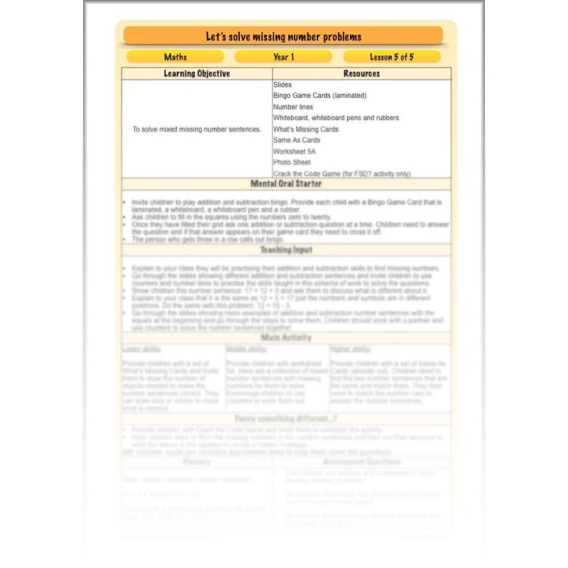 PlanBee Let’s solve missing number problems - Year 1 KS1 Maths plans