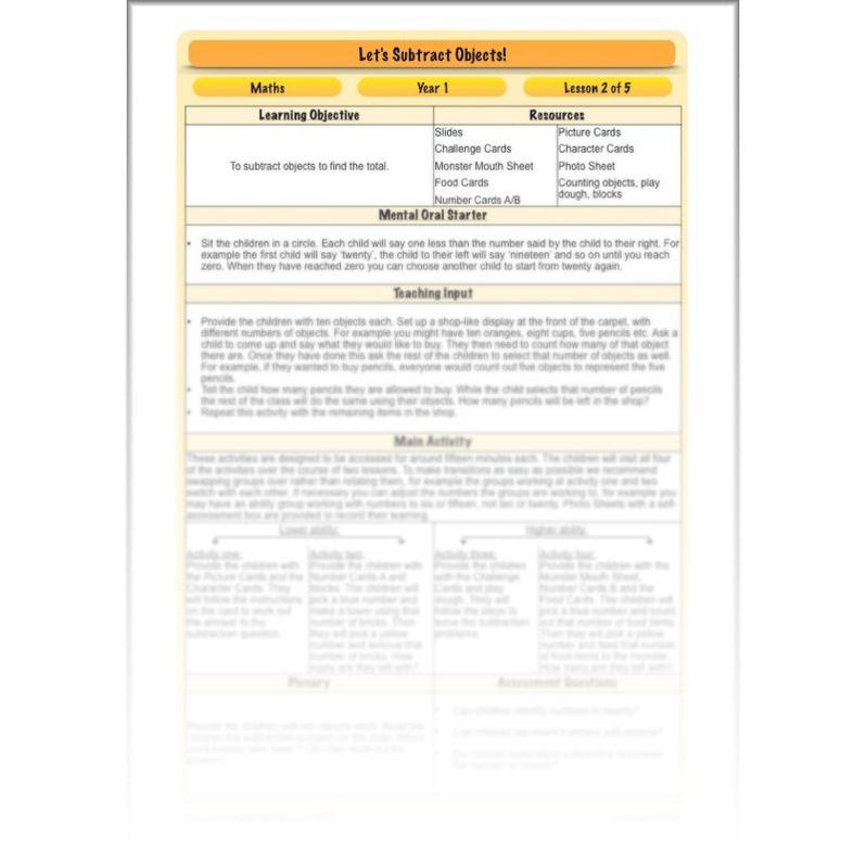 Practical subtraction year 1 maths lesson by planbee