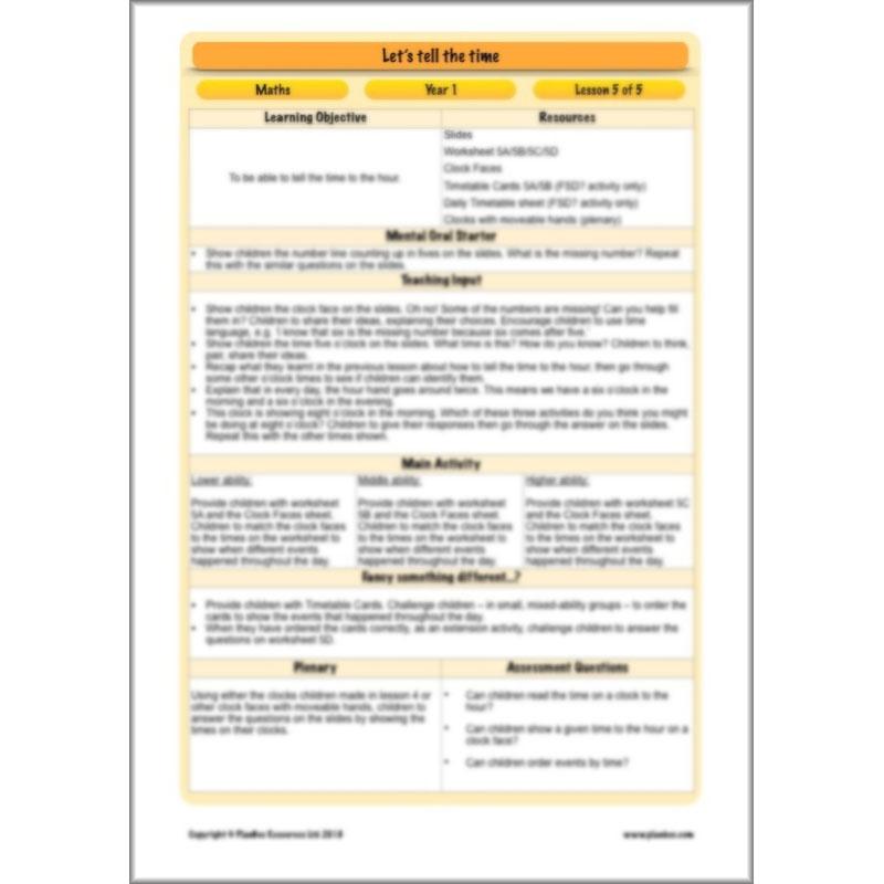 PlanBee Let's tell the time - KS1 Year 1 complete planning
