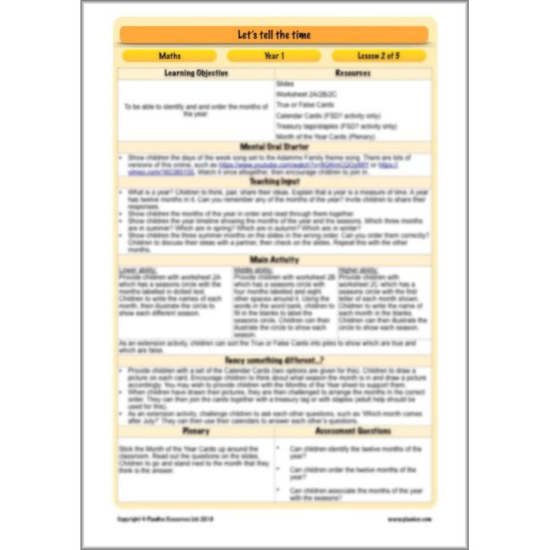 PlanBee Let's tell the time - KS1 Year 1 complete planning