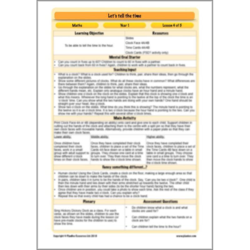 PlanBee Let's tell the time - KS1 Year 1 complete planning