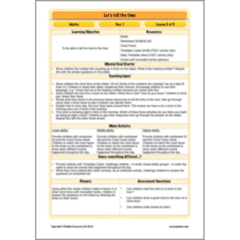 PlanBee Let's tell the time - KS1 Year 1 complete planning