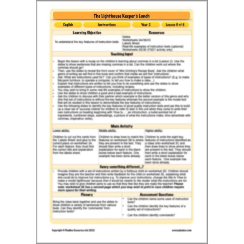 PlanBee The Lighthouse Keeper's Lunch Planning | Year 2 Instructions 