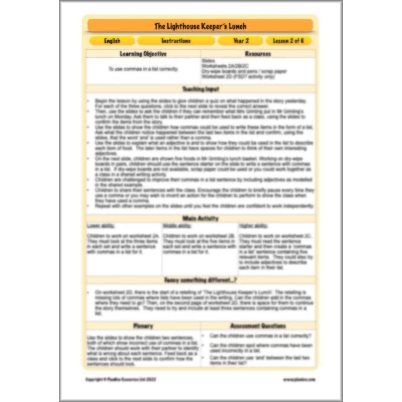 PlanBee The Lighthouse Keeper's Lunch Planning | Year 2 Instructions 