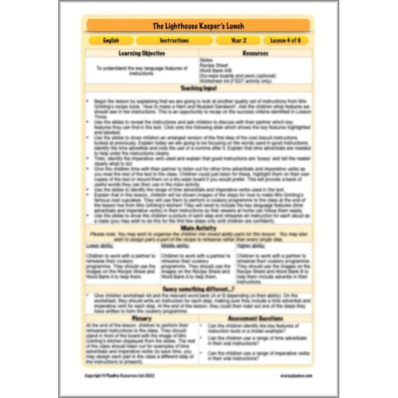 PlanBee The Lighthouse Keeper's Lunch Planning | Year 2 Instructions 