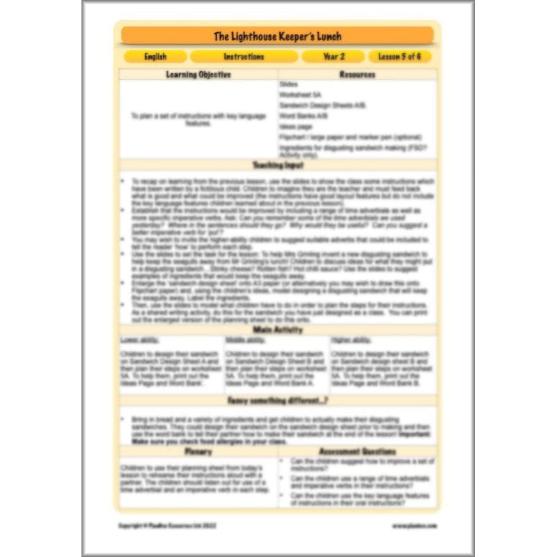 PlanBee The Lighthouse Keeper's Lunch Planning | Year 2 Instructions 