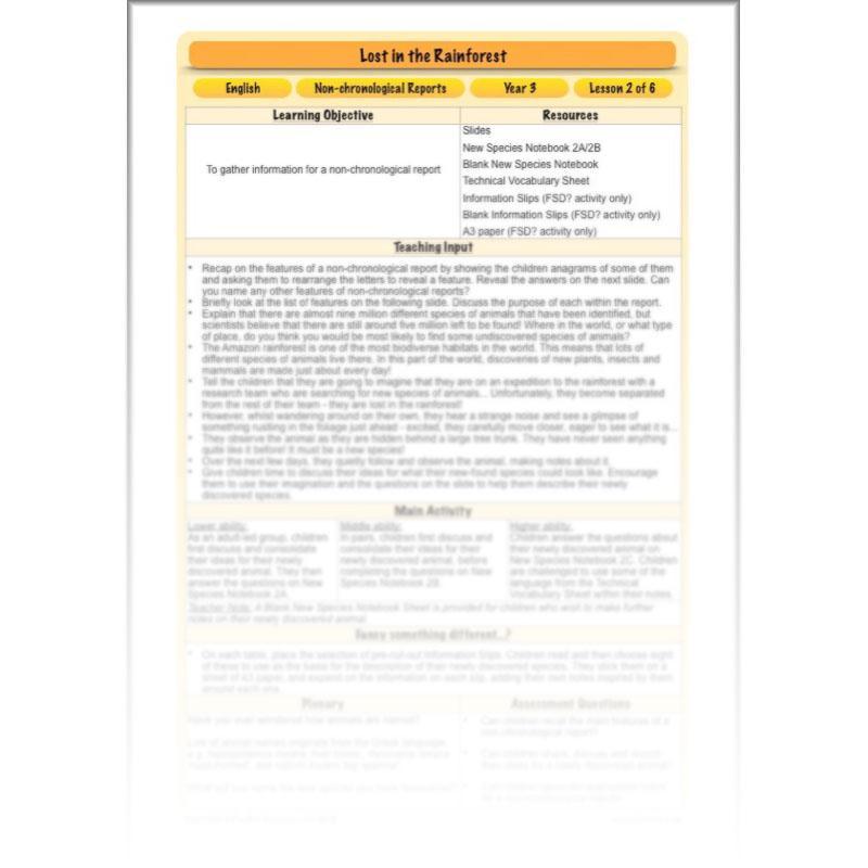 PlanBee Lost in the Rainforest: Non chronological Reports Year 3 English Plans & Resources