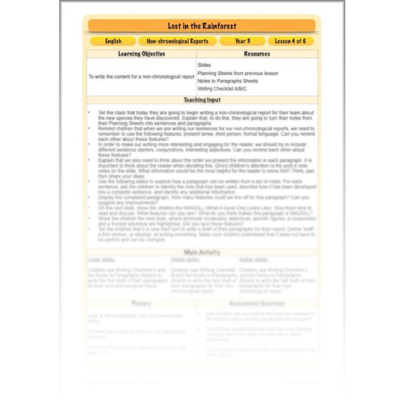PlanBee Lost in the Rainforest: Non chronological Reports Year 3 English Plans & Resources