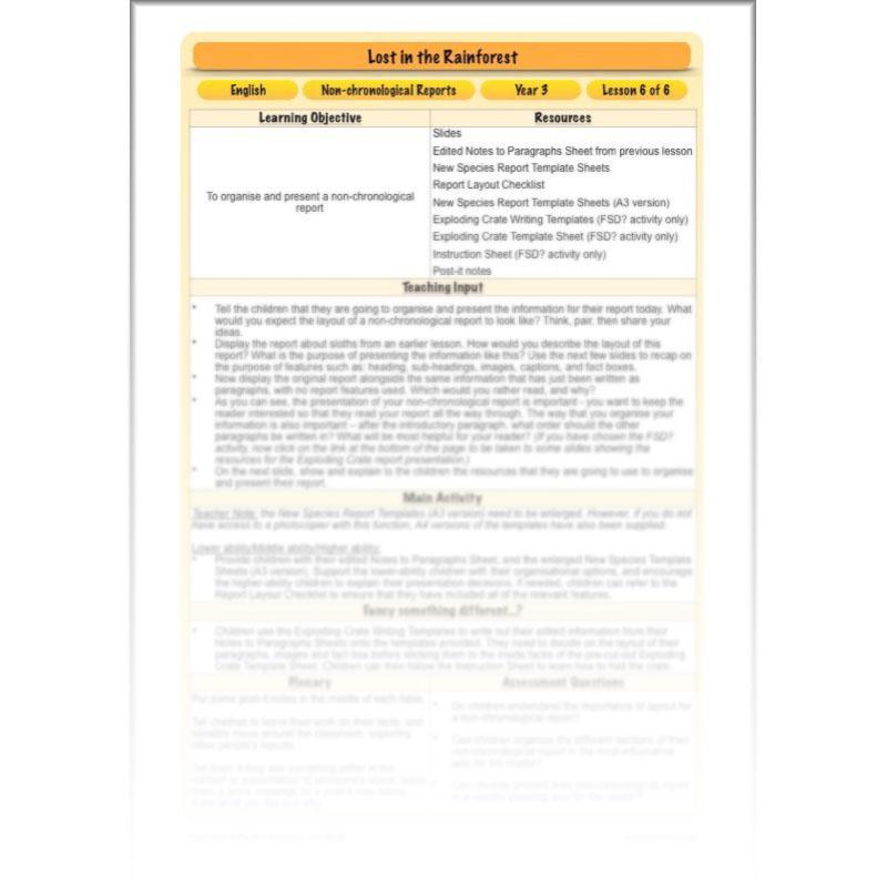PlanBee Lost in the Rainforest: Non chronological Reports Year 3 English Plans & Resources
