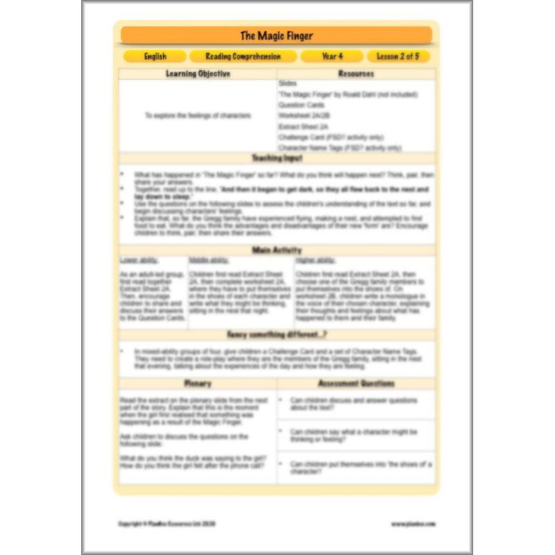 PlanBee The Magic Finger Lesson Plans Year 4 Reading Comprehension