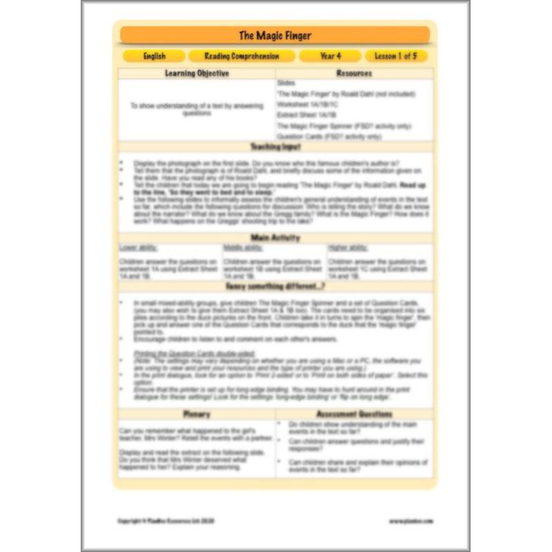 PlanBee The Magic Finger Lesson Plans Year 4 Reading Comprehension