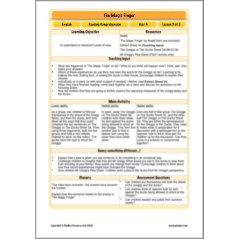 PlanBee The Magic Finger Lesson Plans Year 4 Reading Comprehension