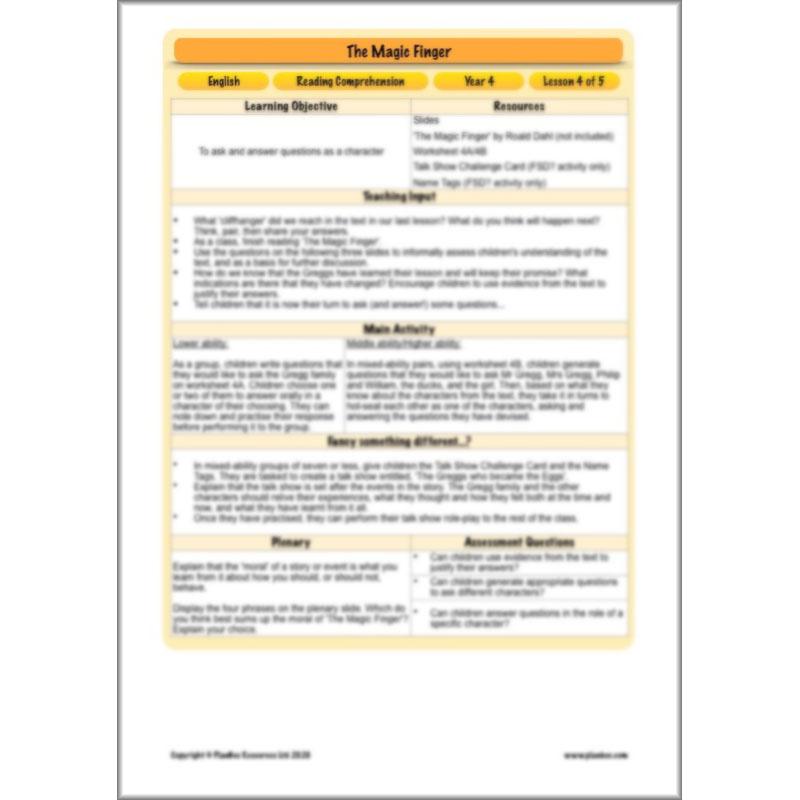 PlanBee The Magic Finger Lesson Plans Year 4 Reading Comprehension