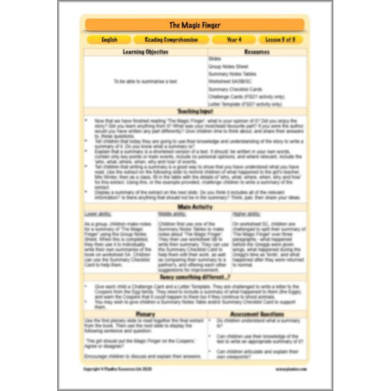 PlanBee The Magic Finger Lesson Plans Year 4 Reading Comprehension