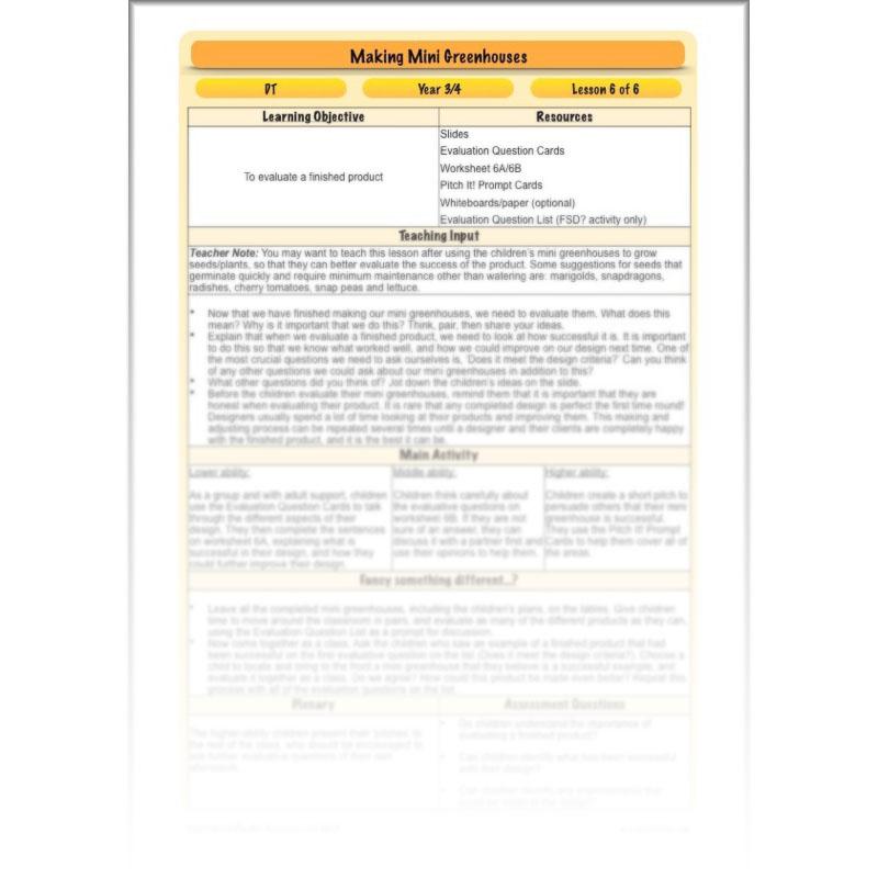 PlanBee Making Mini Greenhouses: complete DT scheme of work for KS2